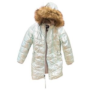 Lands End metallic aqua gorgeous color! girls long puffer coat size L (10-12)
